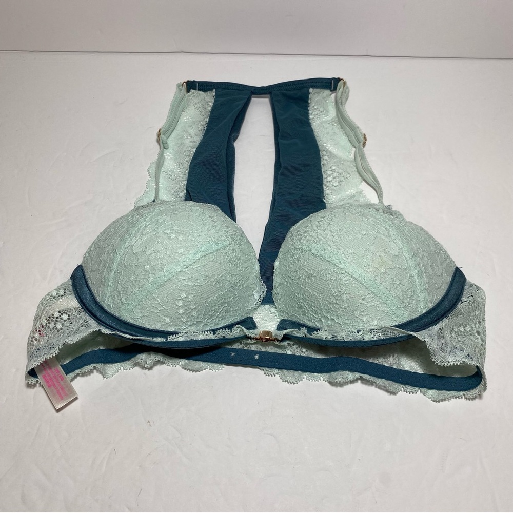 PINK Victoria's Secret Lace Bra Light Green /Dark Teal Racer Back Front Clip 32B